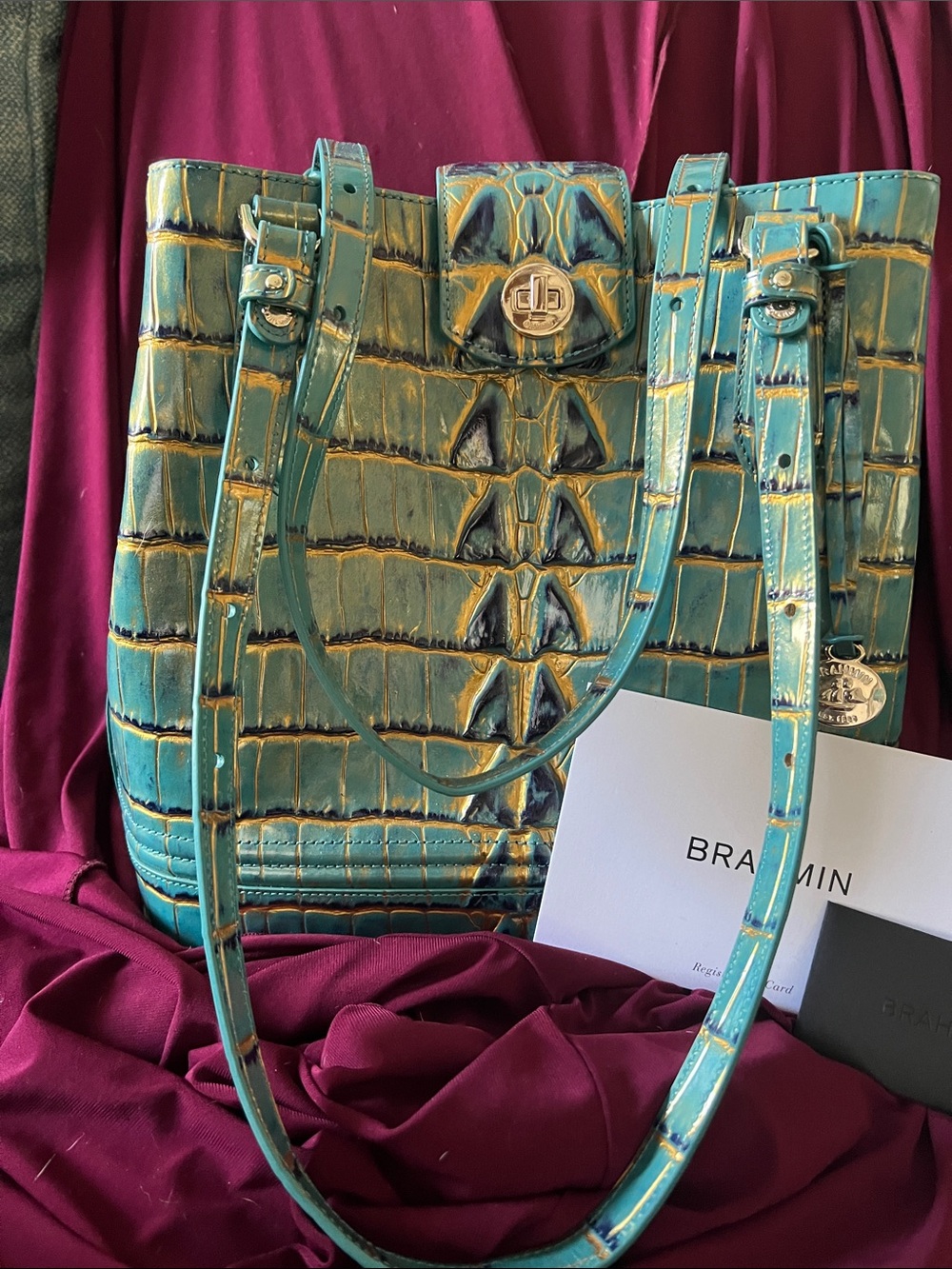 NWT Brahmin Teal and Gold Croco-Embossed Leather Tote